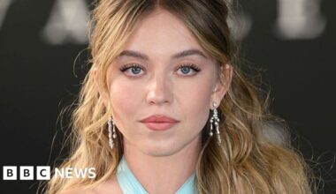 Sydney Sweeney poses with long wavy brown hair, wearing silver earrings and a light blue dress (not the American Eagle advert)