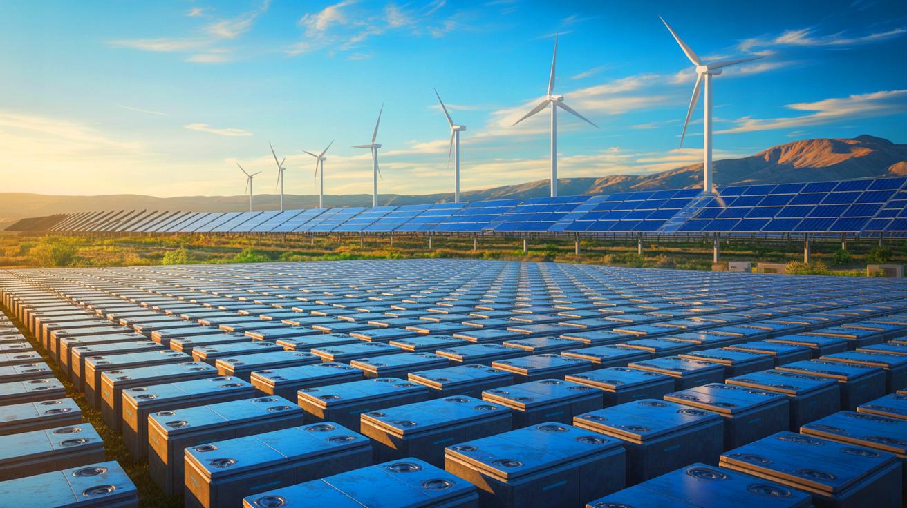 Illustration of retired EV batteries repurposed for grid-connected storage in California.