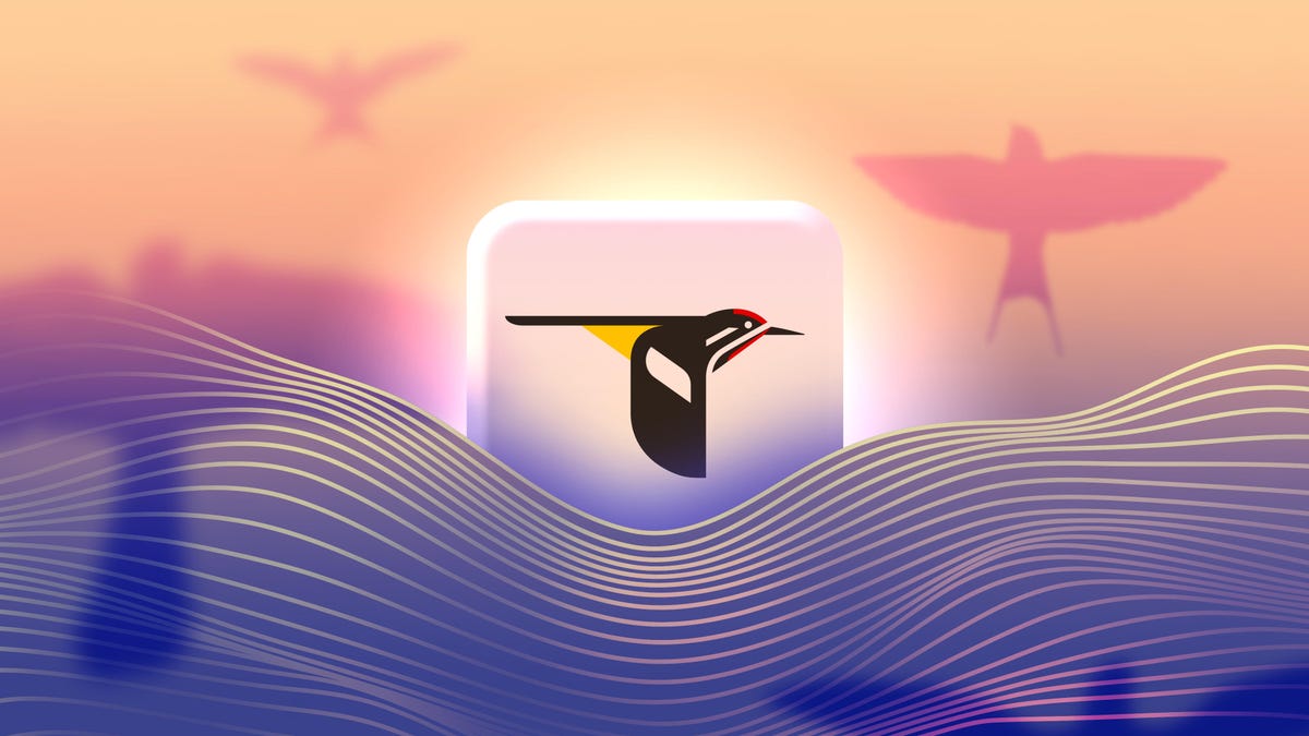 The Merlin Bird ID logo surrounded by purple waves and pink bird shadows in the background.
