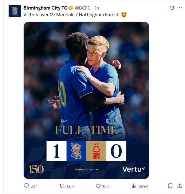 Birmingham aimed a cheeky dig at Nottingham Forest in a now-deleted post