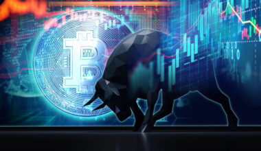 A bull stampedes against a backdrop of the Bitcoin logo and stock charts.