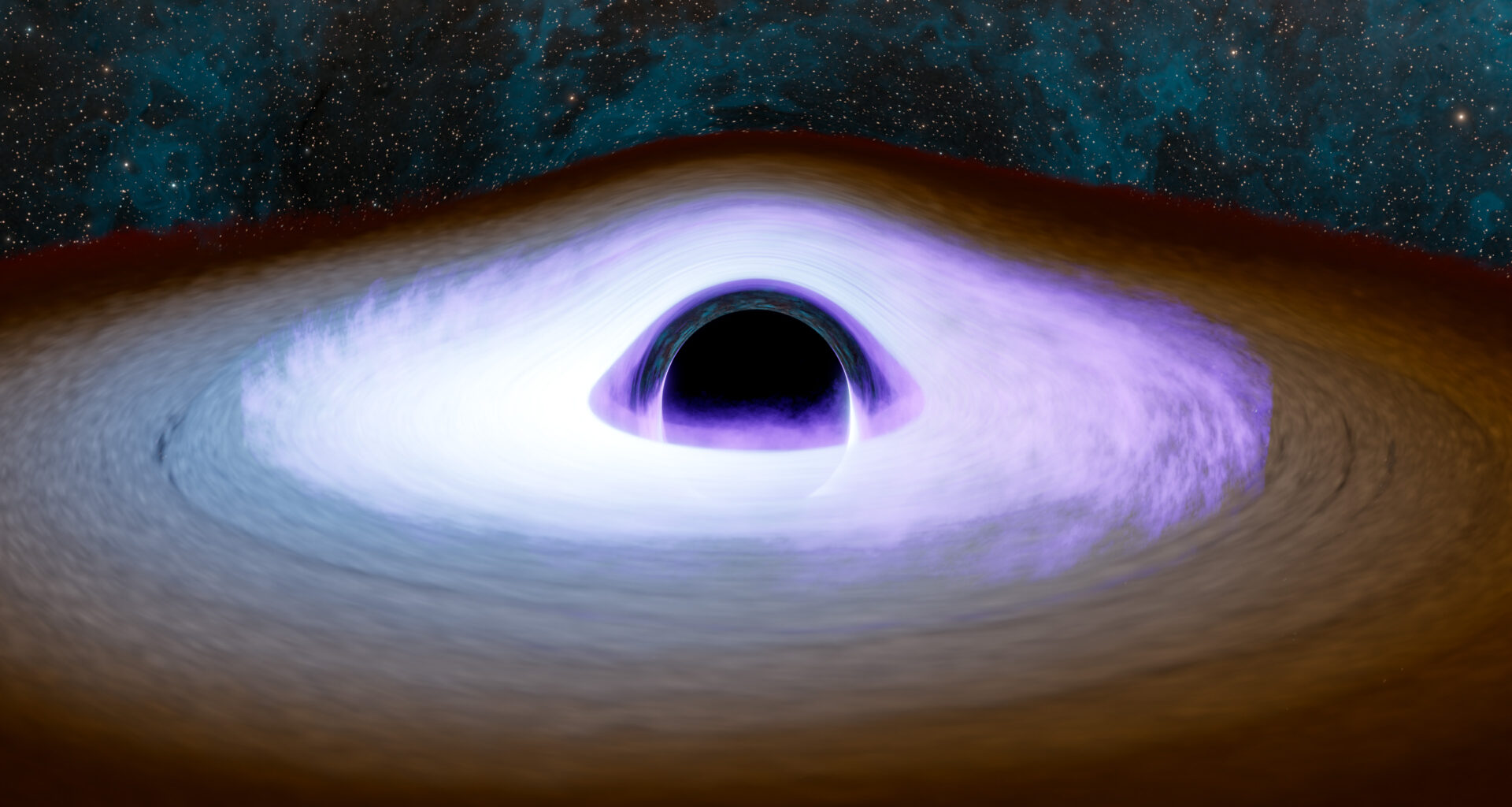 An illustration of a black hole with a dark circle surrounded by light discs.