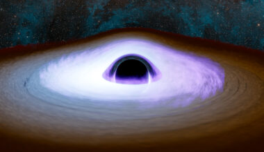 An illustration of a black hole with a dark circle surrounded by light discs.