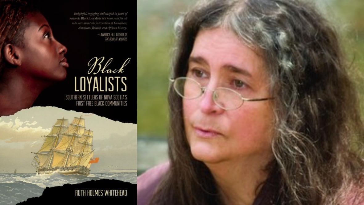 A photo composite that shows a book cover on the left with the side profile of a Black woman looking up on the top and a ship sailing in the ocean on the bottom, and on the right is an author headshot picture of a woman wearing glasses. 