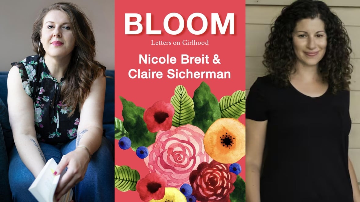 A photo composite that shows a coral book cover with flowers on it and on the left is a woman sitting with a book and a woman wearing a black dress on the right.