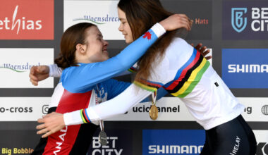 HOOGERHEIDE, NETHERLANDS - FEBRUARY 04: (L-R) Silver medalist Ava Holmgren of Canada, gold medalist Isabella Holmgren of Canada, embrace each other on the podium during the medal ceremony after during the 74th World Championships Cyclo-Cross 2023 - Women's Junior / #CXWorldCup / #Hoogerheide2023 / on February 04, 2023 in Hoogerheide, Netherlands. (Photo by David Stockman/Getty Images)
