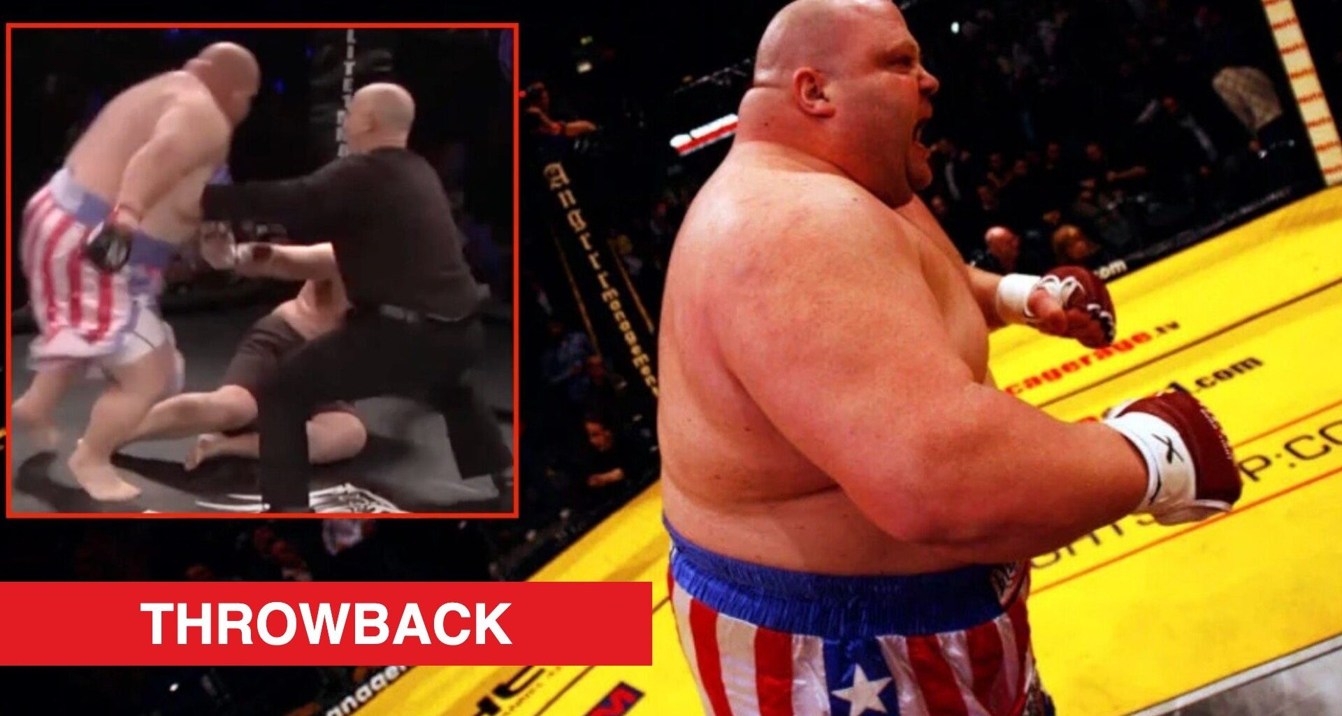 Butterbean celebrates beating James Thompson, inset of him knocking out Dean Storey.