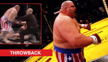 Butterbean celebrates beating James Thompson, inset of him knocking out Dean Storey.