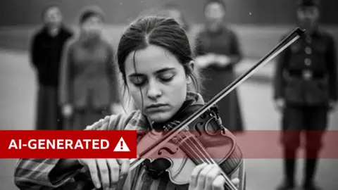 BBC The photo is black and white. A young girl in striped pyjamas plays the violin looking down. 