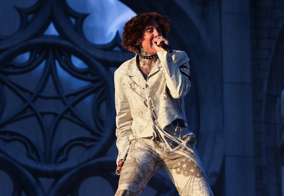 Oliver Sykes of Bring Me the Horizon performs on stage at STHLM Fields on in Stockholm, Sweden