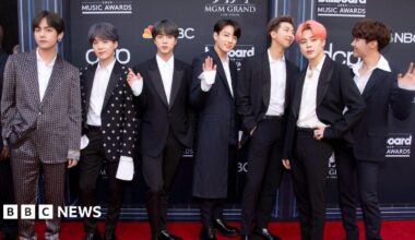 The seven members of BTS line up on a red carpet at the 2019 Billboard Music Awards. Each wears a tailored suit - two members wear patterned jackets. One member has his hair dyed salmon pink.