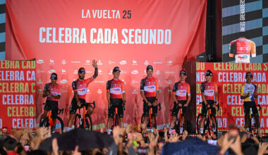 TURIN, ITALY - AUGUST 21: A general view of Egan Bernal of Colombia, Filippo Ganna of Italy, Michal Kwiatkowski of Poland, Bob Jungels of Luxembourg, Brandon Smith Rivera of Colombia, Magnus Sheffield of United States, Victor Langellotti of Monaco, Lucas Hamilton of Australia and Team INEOS Grenadiers during the La Vuelta - 80th Tour of Spain 2025, Team Presentation / #UCIWT / on August 21, 2025 in Turin, Italy. (Photo by Tim de Waele/Getty Images)