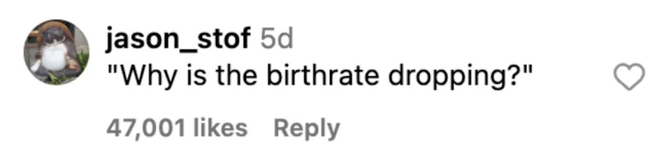 Comment asking, "Why is the birthrate dropping?" with 47,001 likes and a heart icon