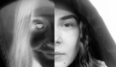 Two faces of women pictured in black and white - one in period dress, one in modern dress