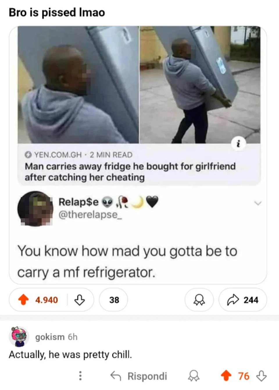 A man angrily carries a fridge outside after catching his partner cheating. The text humorously comments on his level of anger