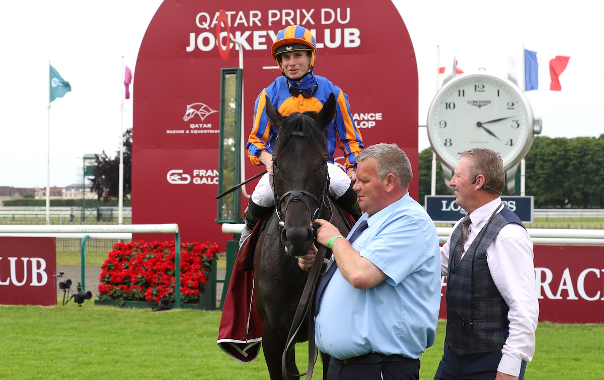 Camille Pissarro (Ryan Moore) after winning the Prix du Jockey Club. Photo: Sandra Scherning / focusonracing.com
