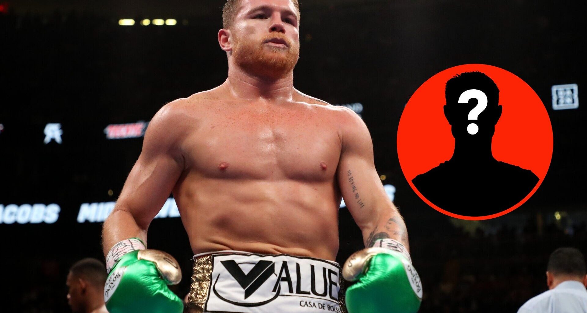 Center: Canelo Alvarez during fight with Daniel Jacobs. Insert: Mystery Fighter