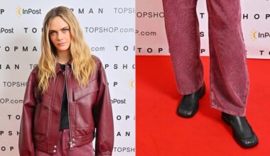 Cara Delevingne wears the Topshop Clover premium real leather loafers with ruched details in black at the brand's London Show on Saturday.