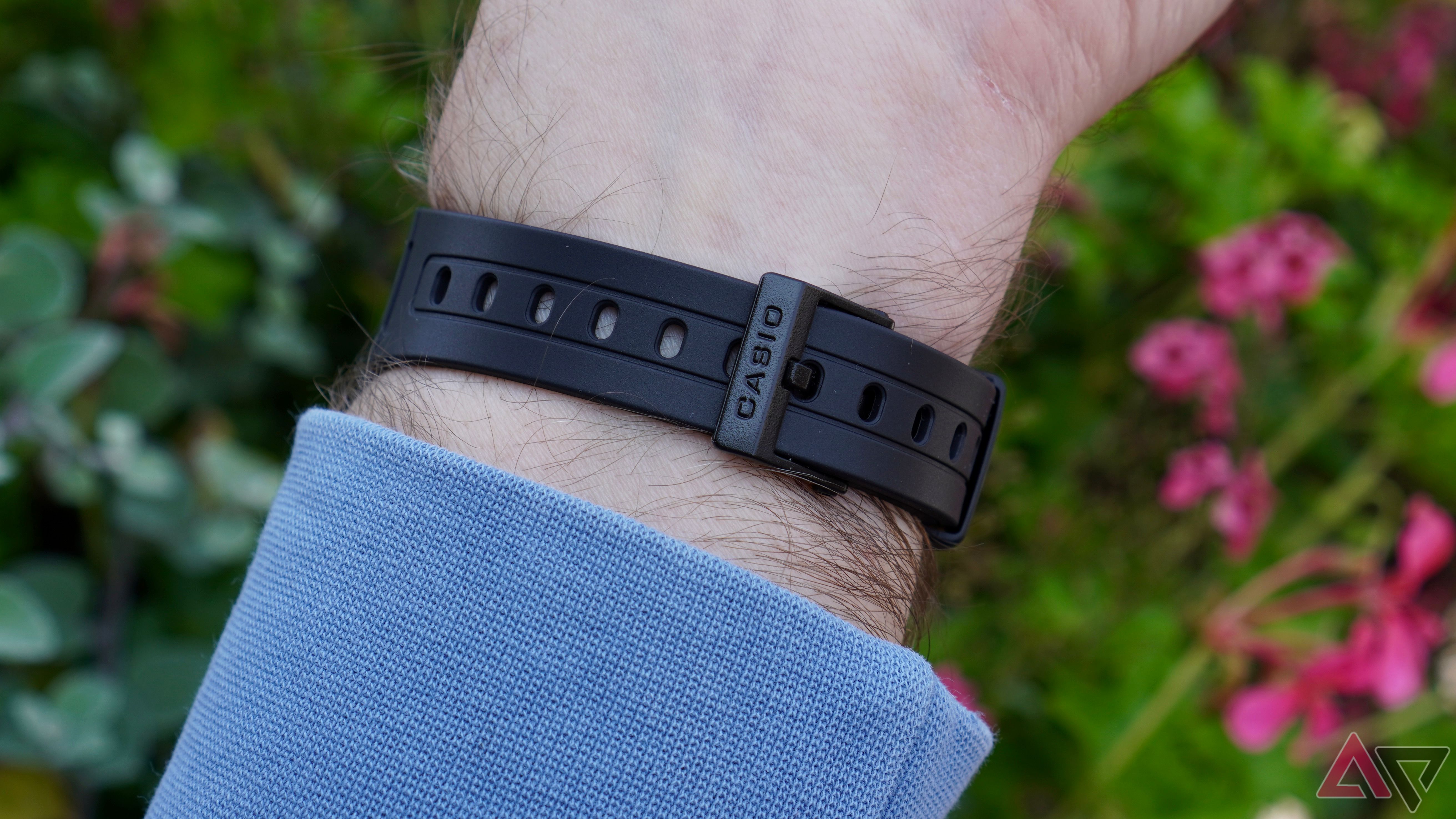The Casio F91W's thin strap and clasp