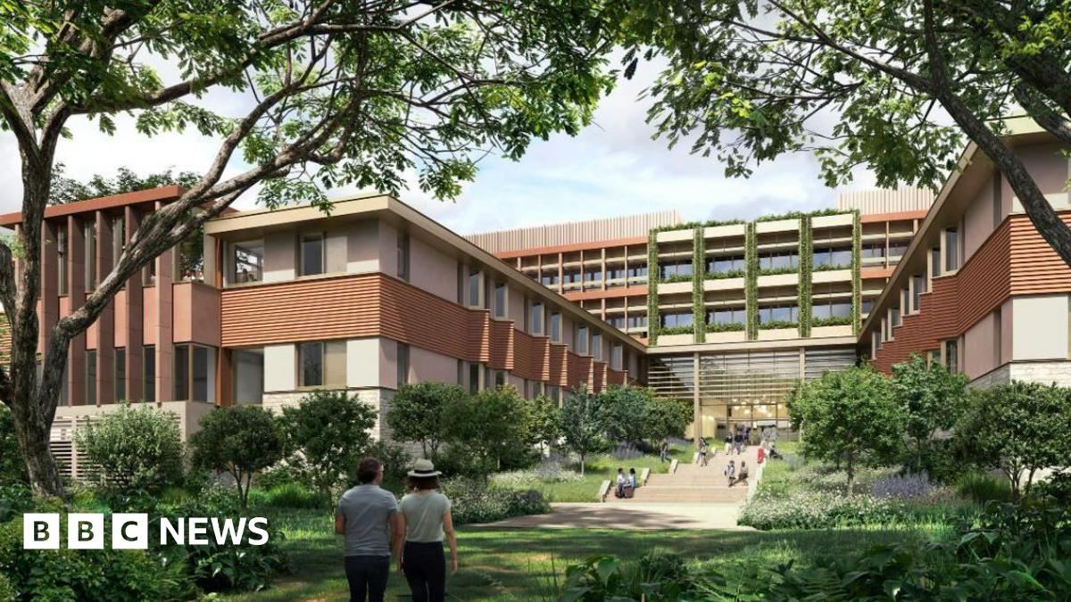 An architects image of a large modern building with brown facades and lush green squares leading up to it. CGI people can be seen approaching the modern building on steps.