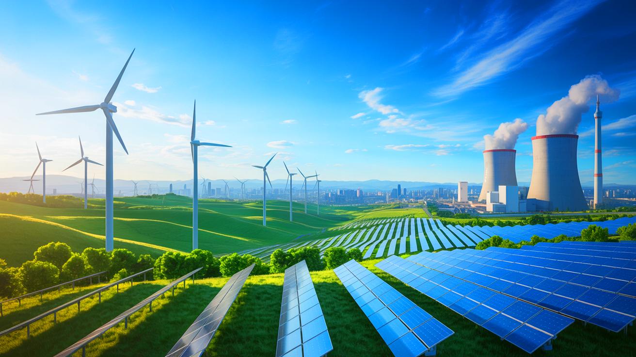 Illustration of China's Transition to Clean Energy, Showing Wind Turbines and Solar Panels, Generated by Artificial Intelligence.