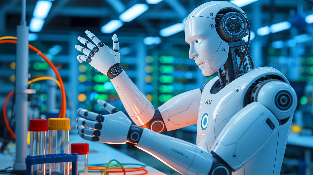 Illustration of the Adam-U humanoid robot platform with advanced data acquisition capabilities, generated by artificial intelligence.