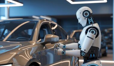 Illustration of Mornine, a humanoid robot by AiMOGA Robotics, autonomously opening a car door at a Chery dealership in China.