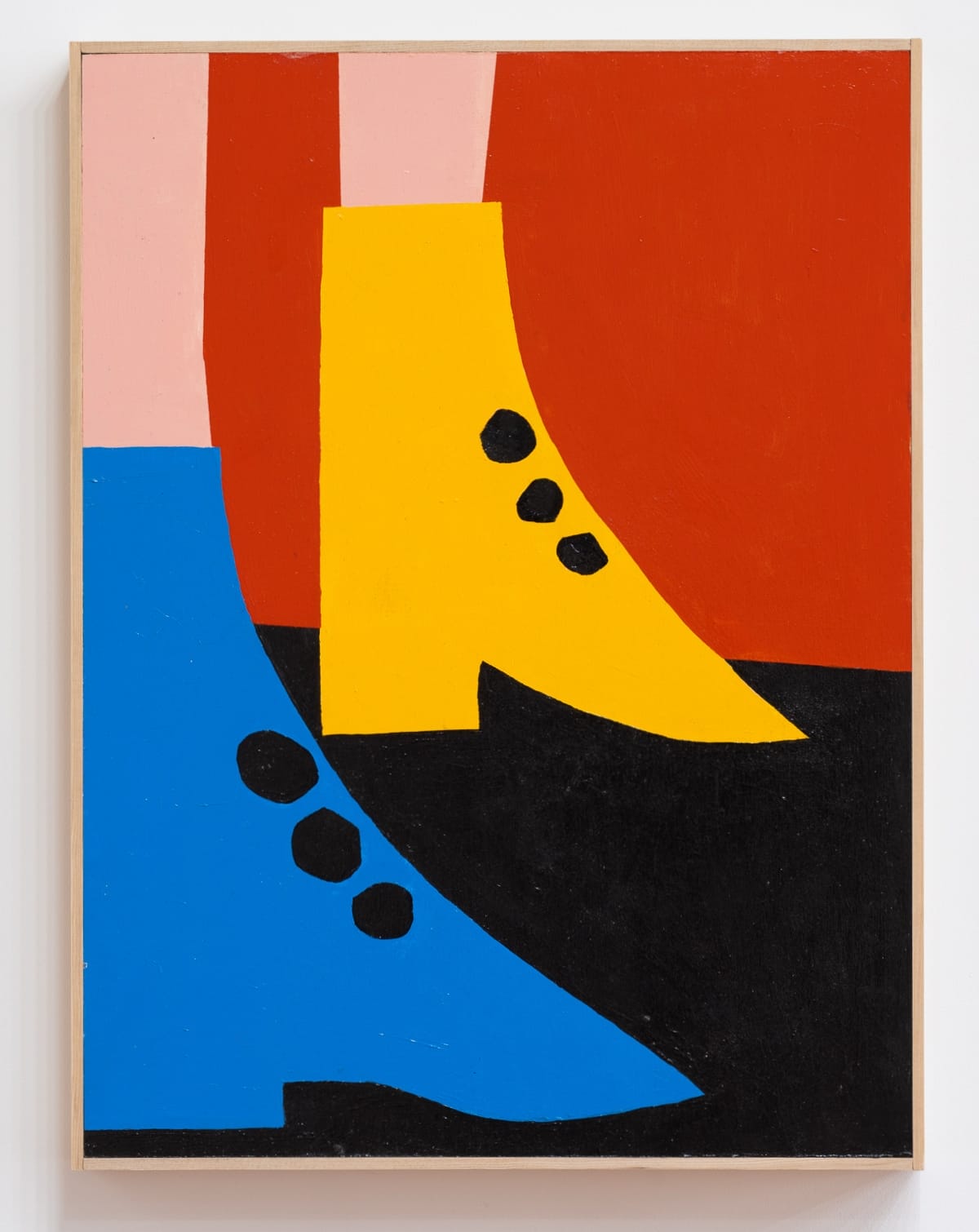 a painting of a yellow and a blue boot on a red and black background