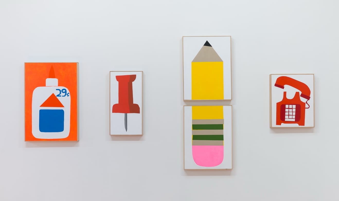a collection of paintings on a white wall featuring a bottle of elmer's glue, a red pushpin, a yellow pencil, and a red rotary phone