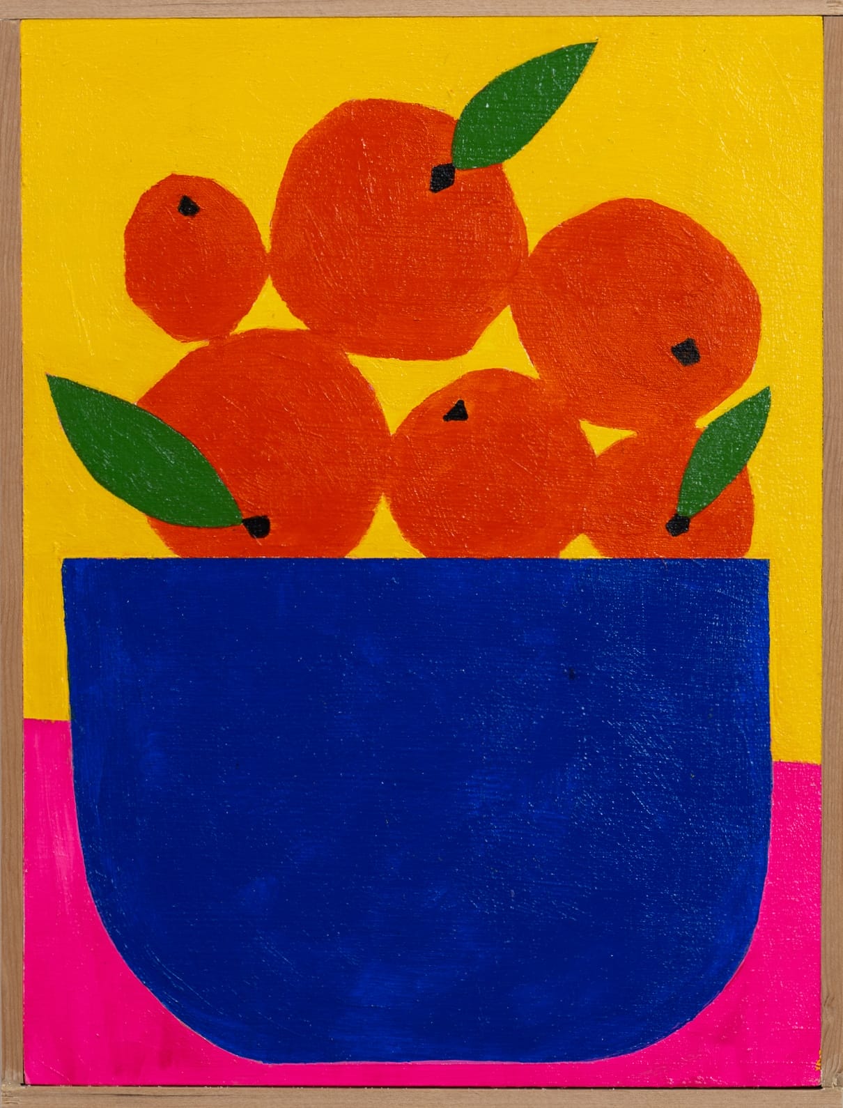 a painting of a blue bowl of oranges on a yellow and pink backdrop
