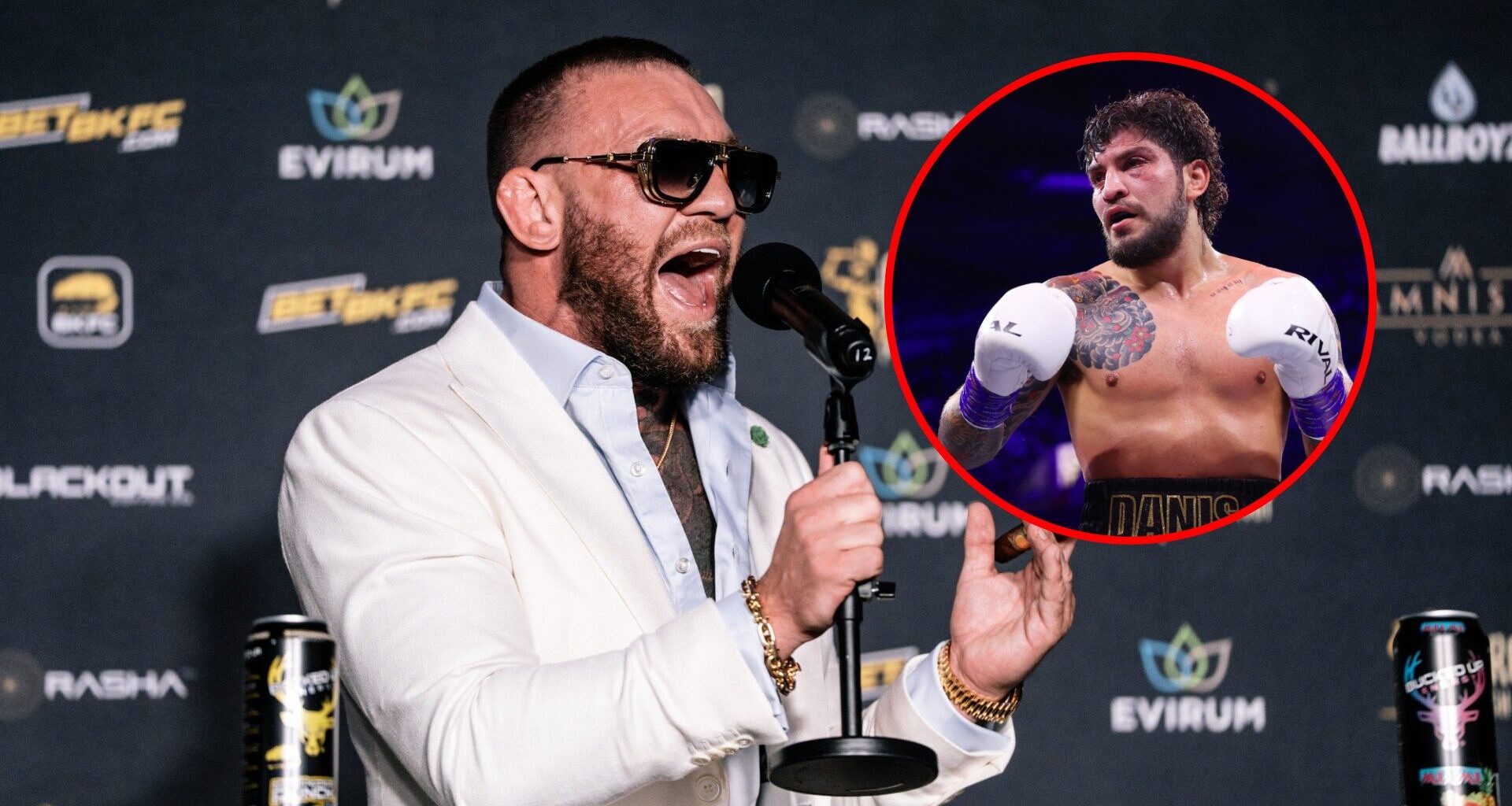 Main: Conor McGregor shouting into a microphone at a BKFC press conference. Inset: Dillon Danis during his Misfits Boxing debut against Logan Paul