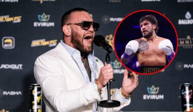 Main: Conor McGregor shouting into a microphone at a BKFC press conference. Inset: Dillon Danis during his Misfits Boxing debut against Logan Paul