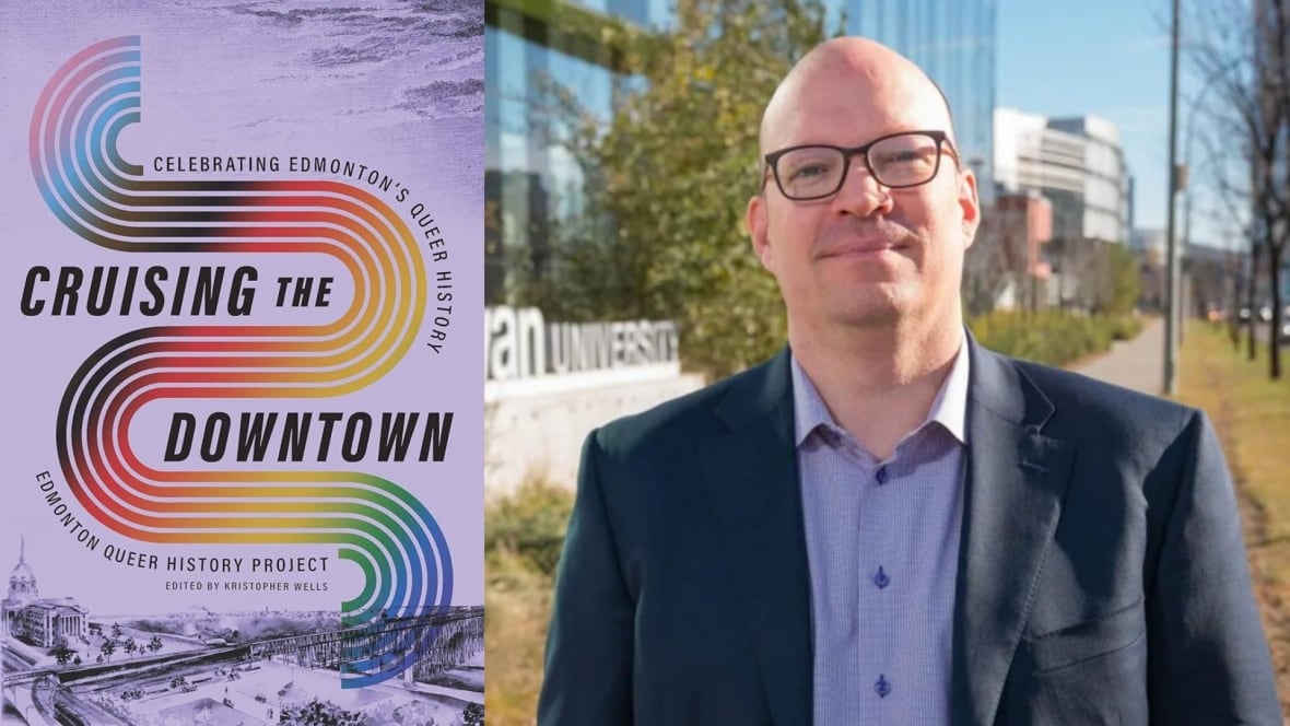A photo composite that shows a purple book cover on the left with a rainbow stripe and a photo of a man wearing glasses on the right. 