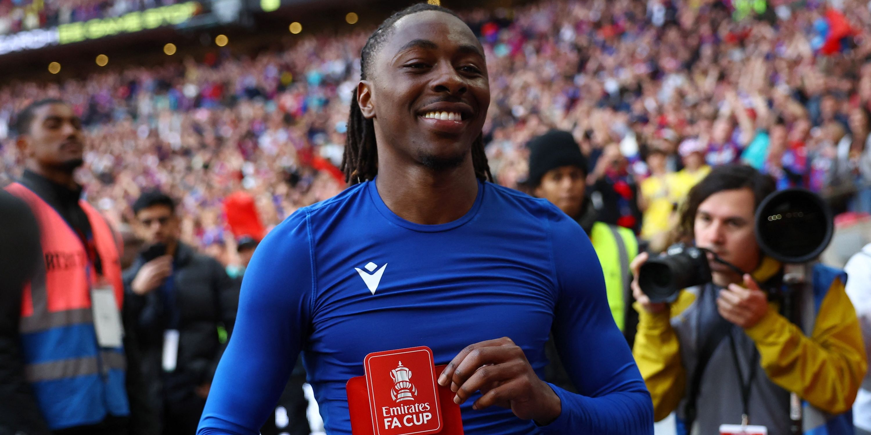 Crystal Palace's Eberechi Eze poses with the player of the match trophy