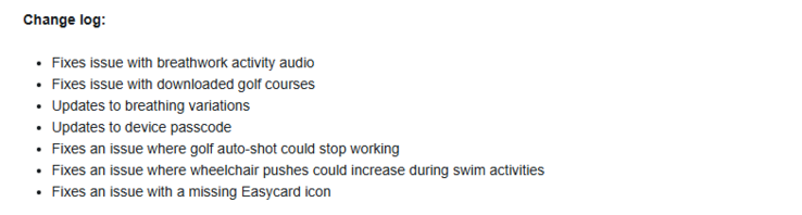 The release notes for beta version 15.05 for Garmin’s Venu 3 and vivoactive 5 smartwatches. (Image source: Garmin)
