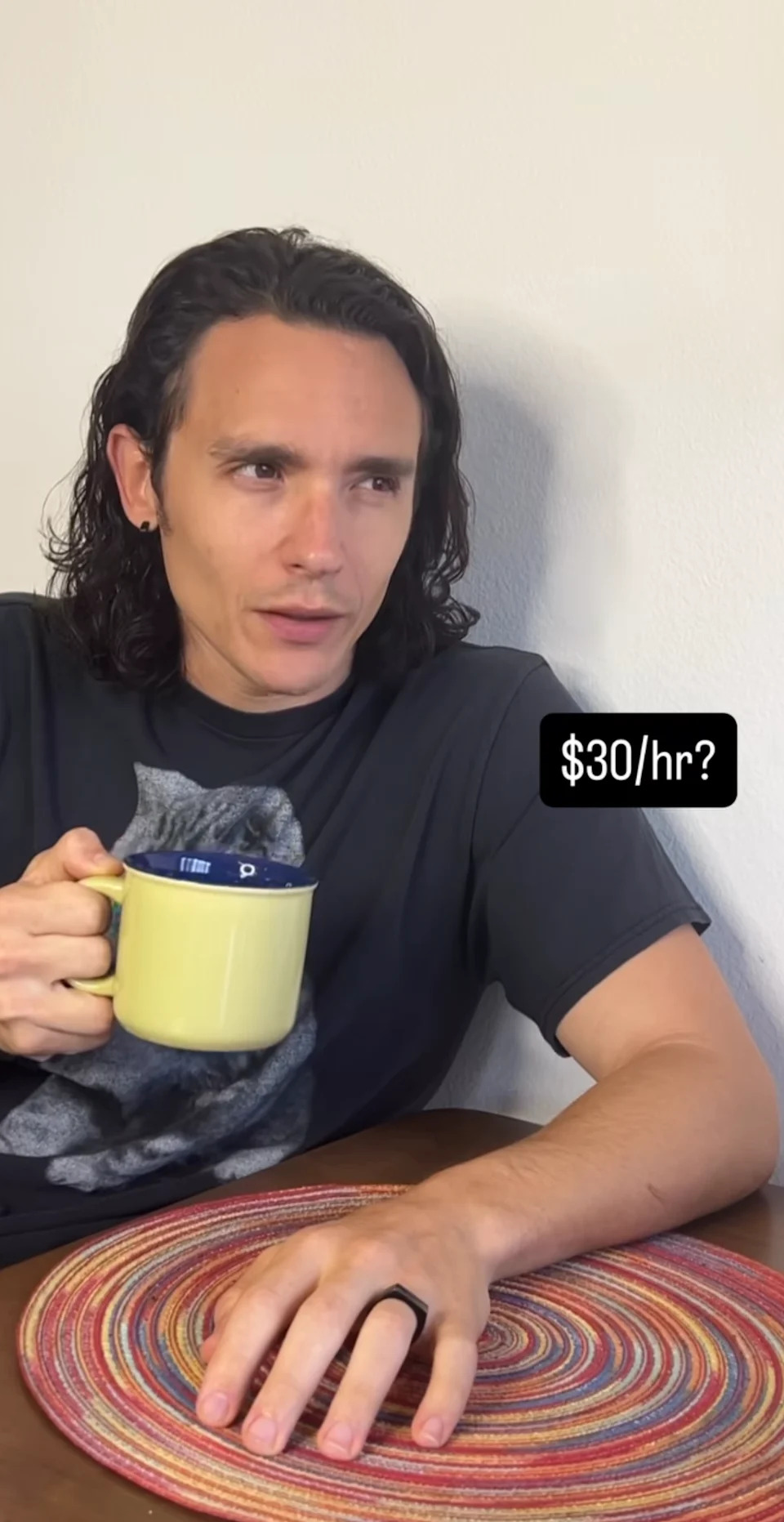 Person holding a mug at a table, looking contemplative. Text on image says "$30/hr?"