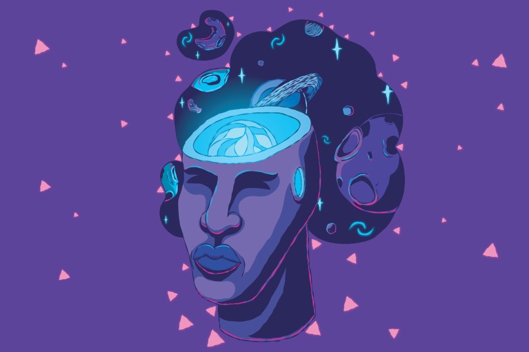 An illustration of a statuesque head with an open cranium and a glowing blue sphere inside and a cloud of planets and stars and triangles floating around