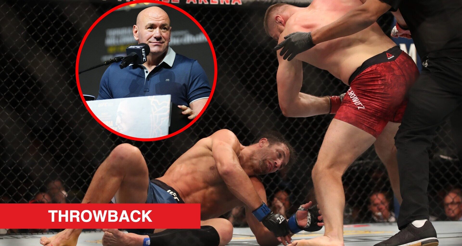 Main: Jan Blachowicz finishes Luke Rockhold during their fight at UFC 239. Inset: Dana White on stage at the UFC 308 press conference