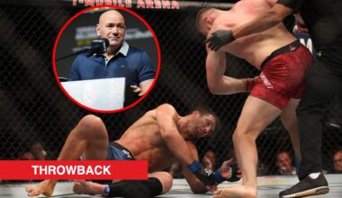 Main: Jan Blachowicz finishes Luke Rockhold during their fight at UFC 239. Inset: Dana White on stage at the UFC 308 press conference