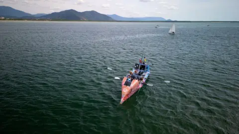 The MacLean brothers An aerial image of the brothers arriving at Cairns in Australia in their rowing boat.
