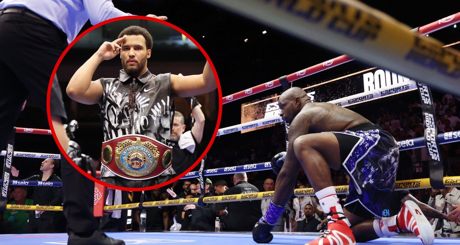 Dillian Whyte takes a knee after KO loss to Moses Itauma with inset of Itauma celebrating his win