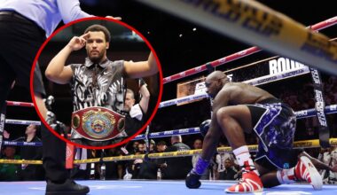 Dillian Whyte takes a knee after KO loss to Moses Itauma with inset of Itauma celebrating his win