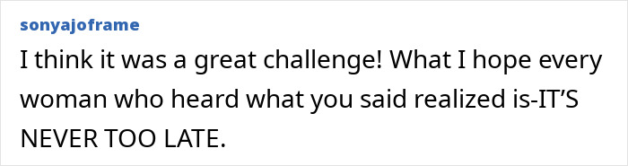 Comment about 11 push-ups challenge, encouraging women and emphasizing it's never too late to start the workout.