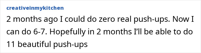 User testimonial about progressing from zero to 11 push-ups in two months through a push-ups challenge for women’s fitness.