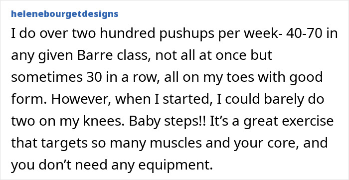 Testimonial about push-ups challenge highlighting progress, muscle targeting, and benefits for women’s core strength and fitness.