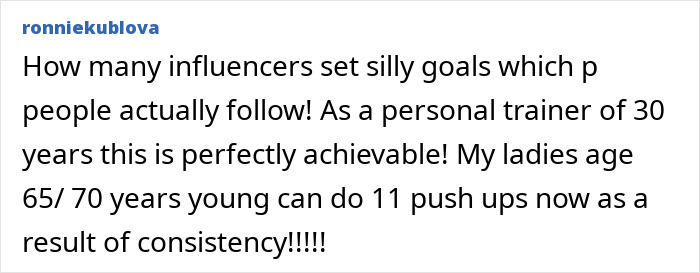 Text post about a personal trainer claiming the 11 push-ups challenge can improve women's strength and fitness with consistency