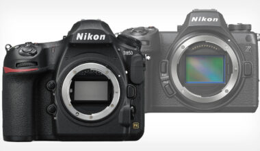 Two Nikon cameras are shown: a Nikon D850 DSLR on the left with its lens removed, revealing the sensor, and a Nikon Z series mirrorless camera on the right, partially faded into the background.