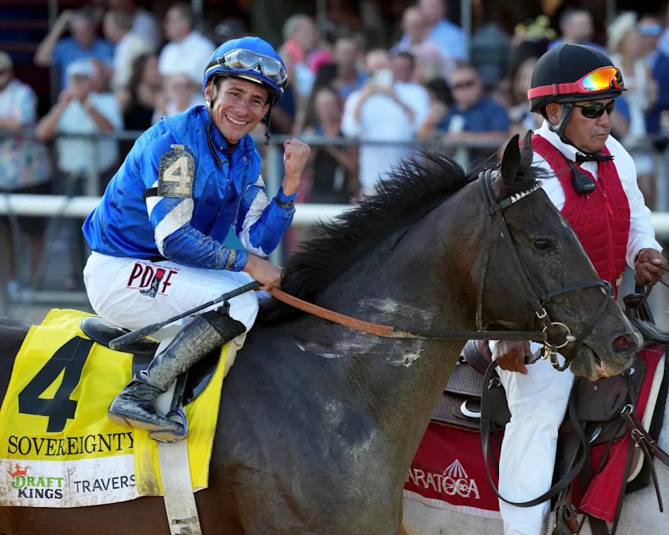 Junior Alvarado celebrates winning the G1 Travers with SovereigntyJoe Labozzetta&sol;NYRA