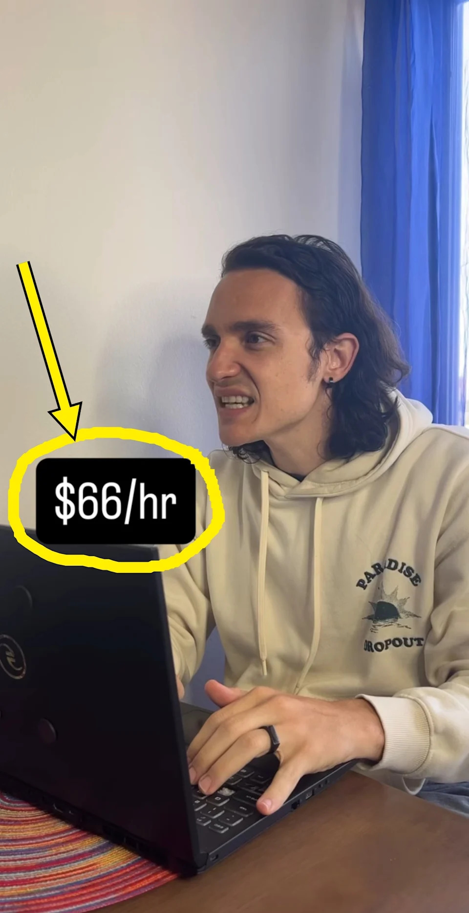 Person in hoodie working on laptop with "$66/hr" label above