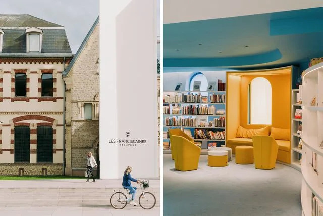 Alex Crétey Systermans From left: The entrance to Les Franciscaines, an arts center in Deauville; the building’s library.